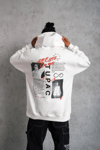 Erkek Ön Arka Baskılı Kapşonlu Sweat - Beyaz