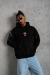 Erkek Oversize Üç İplik Kapüşonlu Sweatshirt – Siyah “Don’t Be Terrified” Ön, Sırt ve Kol Baskılı, Kanguru Cepli, Ribanalı Rahat Model- Siyah