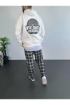 Erkek Oversize Üç İplik Kapüşonlu Sweatshirt – Beyaz Ön Baskılı, Kanguru Cepli, Rahat Kalıp, İçi Pamuklu Model