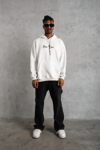 Erkek Oversize Üç İplik Şardonlu Kapüşonlu Sweatshirt – Beyaz “Other Lives” Ön ve Arka Baskılı, Kanguru Cepli, Ribanalı Rahat Kışlık Model Beyaz