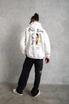 Erkek Oversize Üç İplik Şardonlu Kapüşonlu Sweatshirt – Beyaz “Other Lives” Ön ve Arka Baskılı, Kanguru Cepli, Ribanalı Rahat Kışlık Model Beyaz