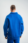 Erkek Patlı Yaka Üç İplik Pamuklu Sweatshirt Double Oversize Rahat Kalıp Günlük Kullanım - Mavi
