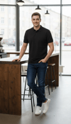 Erkek Pike Kumaş Düğmeli Yaka Regular Fit Günlük Kısa kol Tişört T-shirt - Siyah