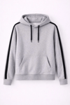 Erkek Şeritli Kapüşonlu Sweatshirt Oversize 3 iplik Pamuklu - Gri