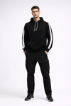 Erkek Şeritli Kapüşonlu Sweatshirt Oversize 3 iplik Pamuklu - Siyah