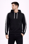 Erkek Şeritli Kapüşonlu Sweatshirt Oversize 3 iplik Pamuklu - Siyah