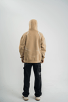 Erkek Şimşek Baskılı Kapşonlu Sweatshirt Üç İplik Pamuklu Kanguru Cepli Double Oversize Hoodie - Bej