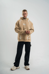 Erkek Şimşek Baskılı Kapşonlu Sweatshirt Üç İplik Pamuklu Kanguru Cepli Double Oversize Hoodie - Bej