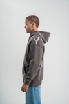 Erkek Şimşek Baskılı Kapşonlu Sweatshirt Üç İplik Pamuklu Kanguru Cepli Double Oversize Hoodie - Füme