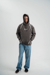 Erkek Şimşek Baskılı Kapşonlu Sweatshirt Üç İplik Pamuklu Kanguru Cepli Double Oversize Hoodie - Füme