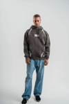 Erkek Şimşek Baskılı Kapşonlu Sweatshirt Üç İplik Pamuklu Kanguru Cepli Double Oversize Hoodie - Füme