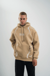 Erkek Şimşek Baskılı Kapşonlu Sweatshirt Üç İplik Pamuklu Kanguru Cepli Double Oversize Hoodie - Bej