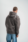 Erkek Şimşek Baskılı Kapşonlu Sweatshirt Üç İplik Pamuklu Kanguru Cepli Double Oversize Hoodie - Füme