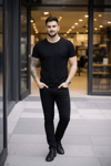 Erkek T-Shirt Bisiklet Yaka Slim Fit dar kesim Likralı Tişört Günlük Basic Body - Siyah