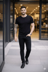 Erkek T-Shirt Bisiklet Yaka Slim Fit dar kesim Likralı Tişört Günlük Basic Body - Siyah