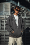 Erkek Tam Fermuarlı Cepli Kapüşonlu 3 iplik pamuklu hoodie Sweatshirt - Füme