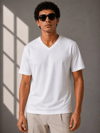 Erkek V Yaka Basic Tişört Kısa Kol Yazlık Regular Fit T-Shirt - Beyaz