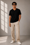 Erkek V Yaka Basic Tişört Kısa Kol Yazlık Regular Fit T-Shirt - Siyah
