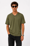 Erkek V Yaka Basic Tişört Kısa Kol Yazlık Regular Fit T-Shirt - Haki