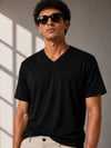 Erkek V Yaka Basic Tişört Kısa Kol Yazlık Regular Fit T-Shirt - Siyah