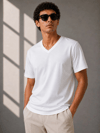 Erkek V Yaka Basic Tişört Kısa Kol Yazlık Regular Fit T-Shirt - Beyaz
