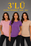 Kadın 3’lü Kısa Kollu Bisiklet Yaka Basic Slim Fit T-Shirt - Pudra Pembe - Mor - Bej