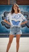 Kadın Asit Yıkamalı Oversize Tişört Mavi Kelebek Baskılı Dijital Print Bisiklet Yaka Streetwear T-Shirt - Beyaz
