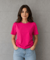 Kadın Basic Pamuklu Tişört Bisiklet Yaka Düz Renk Relaxed Fit T-Shirt - Fuşya