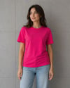 Kadın Basic Pamuklu Tişört Bisiklet Yaka Düz Renk Relaxed Fit T-Shirt - Fuşya