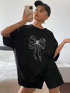 Kadın Baskılı Oversize T-shirt - Siyah