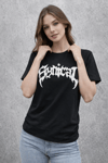 Kadın Bisiklet Yaka Ön Baskılı  Kısa Kollu Tişört Streetwear Günlük Basic Pamuklu T-shirt - Siyah