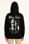 Kadın Kapşonlu Sweatshirt – Oversize Üç İplik Şardonlu Hoodie, “Other Lives” Ön & Arka Baskılı, Kanguru Cepli, Kışlık Rahat Günlük Stil- Siyah