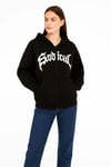 Kadın Kapüşonlu 3 İplik Şardonlu Önü Baskılı Fermuarlı Oversize Sweatshirt - Siyah