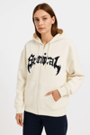 Kadın Kapüşonlu 3 İplik Şardonlu Önü Baskılı Fermuarlı Oversize Sweatshirt - Beyaz