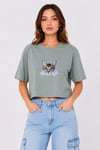 Kadın Kedi Baskılı Oversize Crop Tişört Salaş Basic Yarım Kol T-shirt - Mint Yeşili