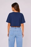 Kadın Kedi Baskılı Oversize Crop Tişört Salaş Basic Yarım Kol T-shirt - Lacivert