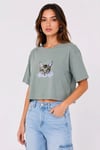 Kadın Kedi Baskılı Oversize Crop Tişört Salaş Basic Yarım Kol T-shirt - Mint Yeşili