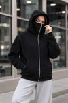 Kadın Maskeli Ninja Model Çift Kapüşonlu 3 İplik Şardonlu Fermuarlı Oversize Sweatshirt - Siyah
