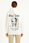 Kadın Oversize Üç İplik Şardonlu Kapüşonlu Sweatshirt – Beyaz “Other Lives” Ön ve Arka Baskılı, Kanguru Cepli, Ribanalı Rahat Kışlık Model Beyaz