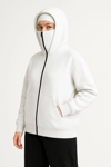 Kadın Samuray Ninja Çift Kapüşonlu Maske Detaylı Fermuarlı Kanguru Cepli Hoodie - Beyaz