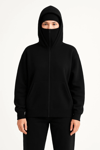 Kadın Samuray Ninja Çift Kapüşonlu Maske Detaylı Fermuarlı Kanguru Cepli Hoodie - Siyah
