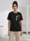 Kadın Sevimli Kedi Cep Baskılı Tişört Kısa Kol Yazlık T-Shirt - Siyah