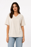 Kadın V Yaka Basic Tişört Kısa Kol Yazlık Regular Fit T-Shirt - Bej
