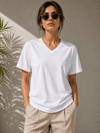 Kadın V Yaka Basic Tişört Kısa Kol Yazlık Regular Fit T-Shirt - Beyaz