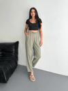 Kadın Yüksel Bel Beli Bağcıklı Cepli Rahat Paça Pantalon - Su Yeşili