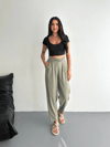Kadın Yüksel Bel Beli Bağcıklı Cepli Rahat Paça Pantalon - Su Yeşili