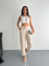 Kadın Yüksel Bel Beli Bağcıklı Rahat Boru Paça Pantalon - Kırık Beyaz