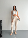 Kadın Yüksel Bel Beli Bağcıklı Rahat Boru Paça Pantalon - Kırık Beyaz