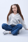 Kız Çocuk Kapüşonlu Kanguru Çepli Tam Fermuarlı Hırka SweatShirt - Gri
