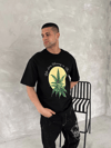 Ön ve Arka Baskılı Oversize Bisiklet Yaka T-shirt- Siyah